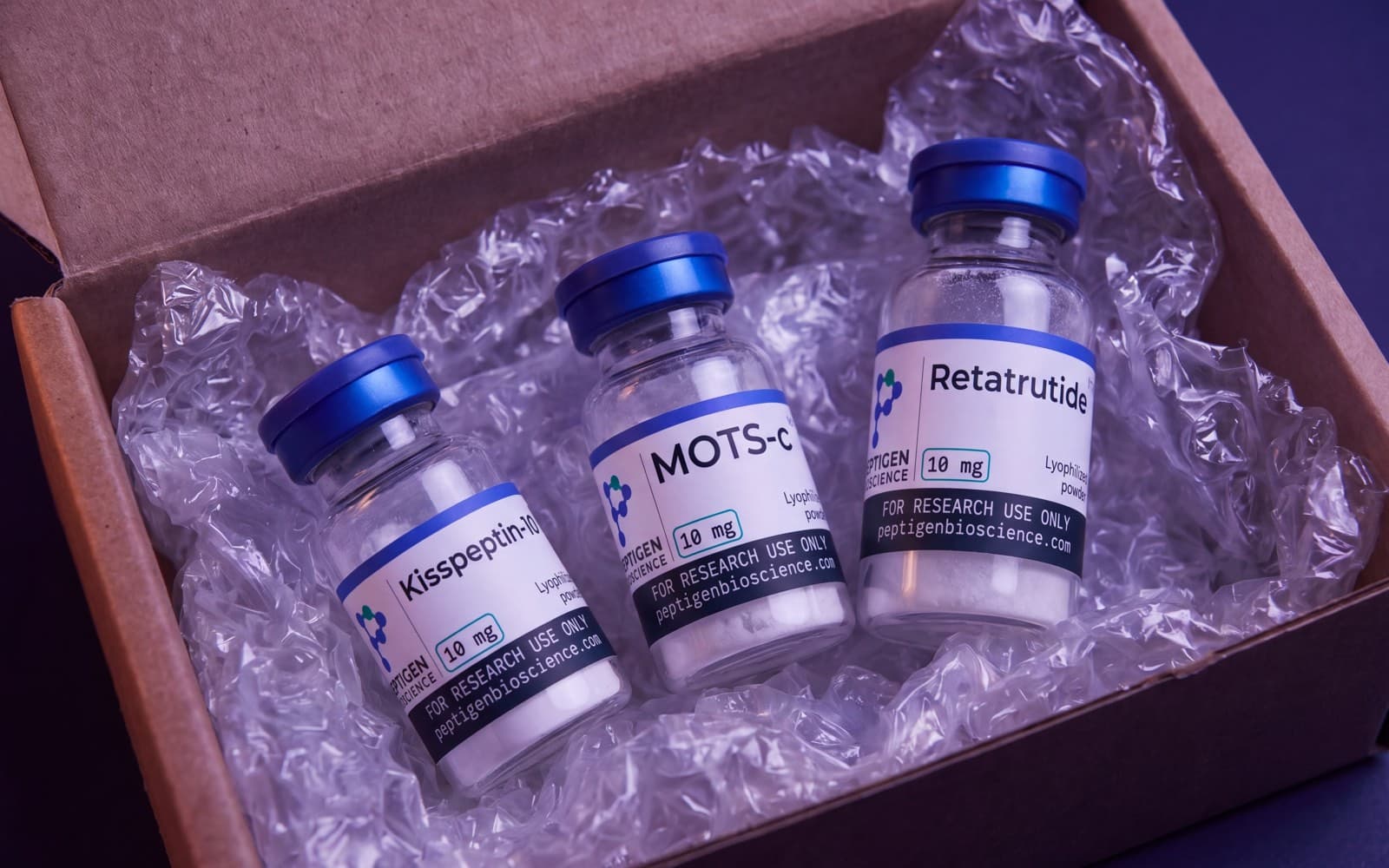 Packaging illustration: sealed vials of lyophilized powder packed for discreet shipment