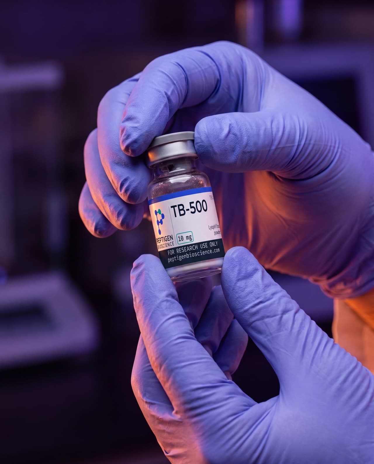 Laboratory sampling illustration: gloved hands holding an unlabeled vial of lyophilized powder