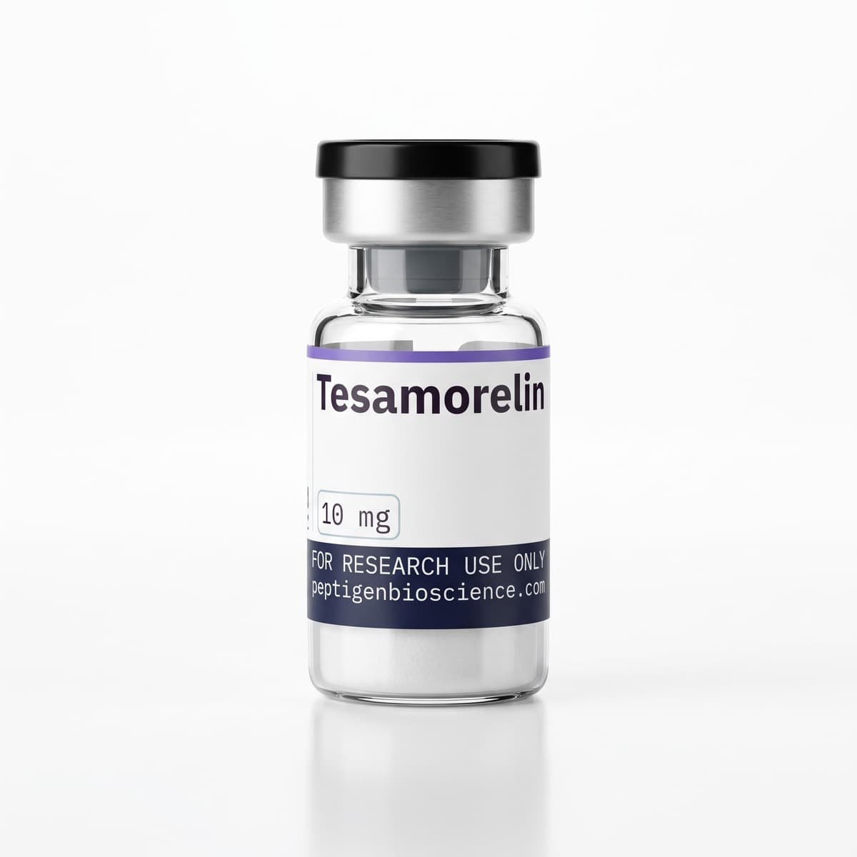 Tesamorelin 10 mg, 3 ml glass vial with Peptigen Bioscience label